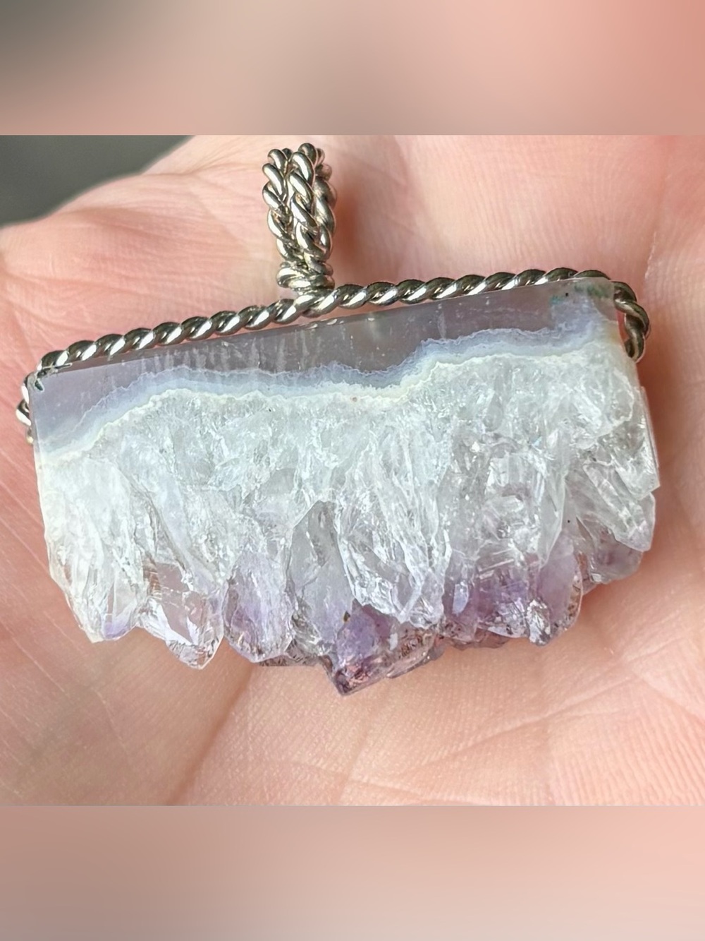 Amethyst Druzy Pendant Necklace - Silver Tone Setting With 20in Chain